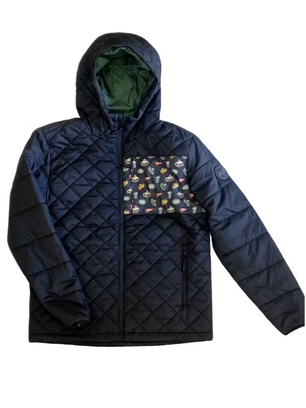 NWT! High St. Deli Men's Quilted Hooded Jacket with Printed Chest Panel - Black